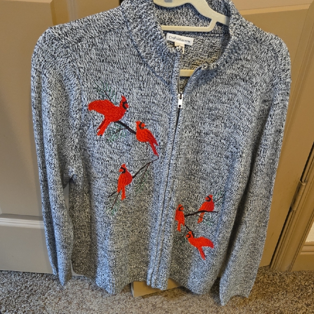 Croft & Barrow Gray Cardigan with Red Bird Design